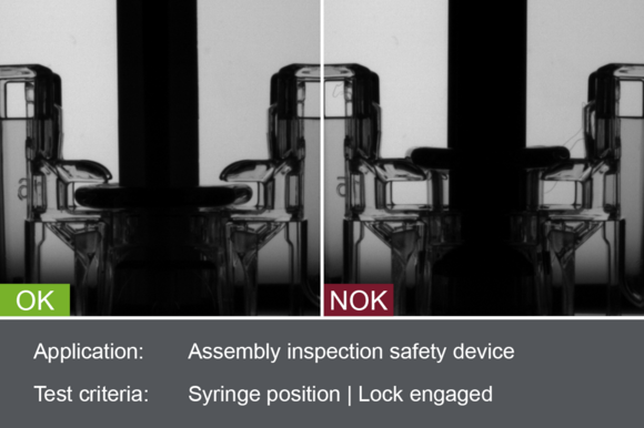 Industrial camera image of the inspection of the safety device of a syringe during assembly with good and bad image