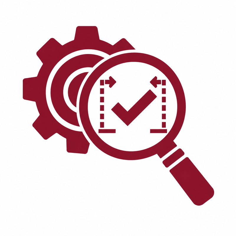 OCTUM pictogram for technical honesty featuring an inspection magnifier, gear, check mark and defined limit markers