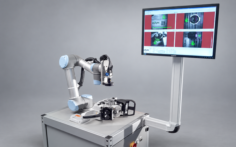 Roboterarm mit Kamera prüft ein Metallbauteil; ein Monitor zeigt vier Prüfbilder von CV-Inspect.