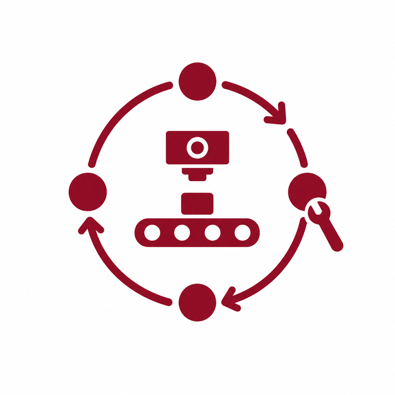OCTUM pictogram for long-term thinking featuring an inspection system, lifecycle and maintenance symbol
