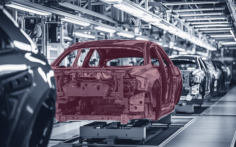 eine Fahrzeug-Karosserie wir automatisch auf der Produktionslinie geführt und Schritt für Schritt montiert
