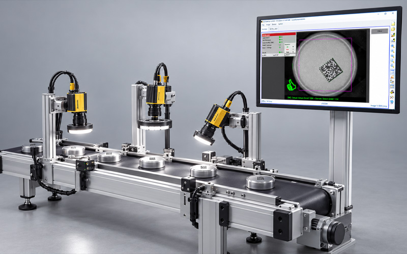 Drei Smartkameras prüfen Bauteile auf einem Förderband; ein Monitor zeigt die zentrale Prüfoberfläche.
