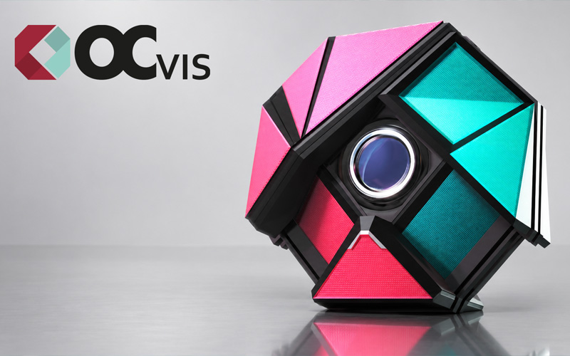 OCvis-Logo neben einer stilisierten Kameralinse in Magenta und Türkis.