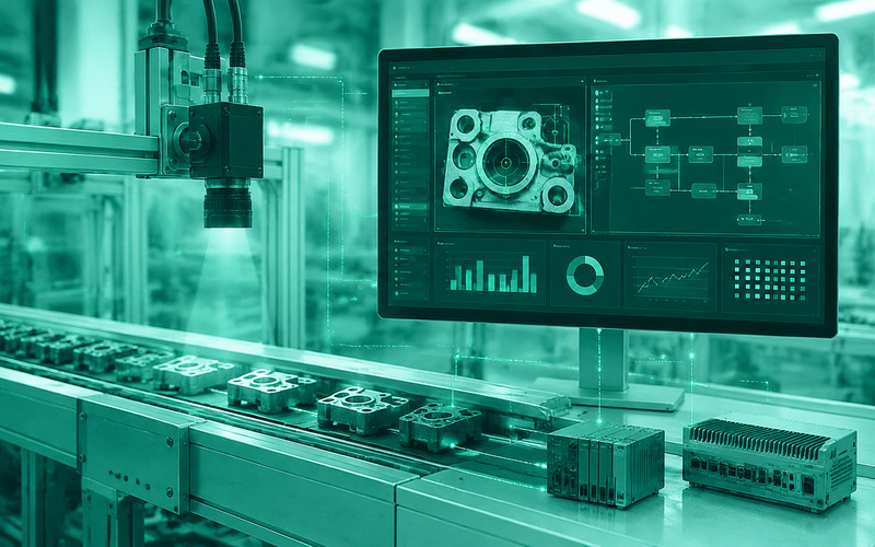 Industriekamera prüft Bauteile auf einem Förderband; ein Monitor zeigt Bildauswertung und Prüfdaten.