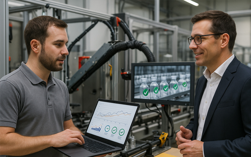 [Translate to Englisch:] OCTUM Supportmitarbeiter steht mit einem Kunden an einer Abfüllanlage und prüfen das System