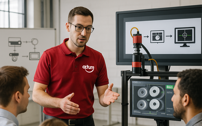 An OCTUM employee explains the system to customers.