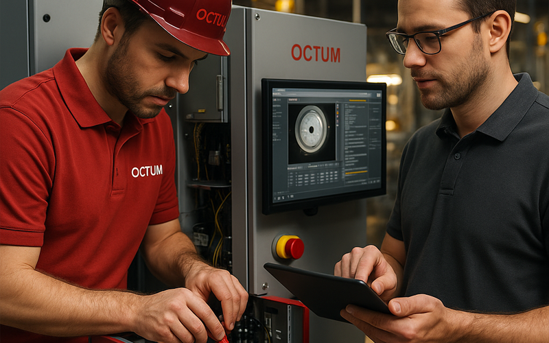 An OCTUM support employee is standing with a customer at a system and they are checking the system together.