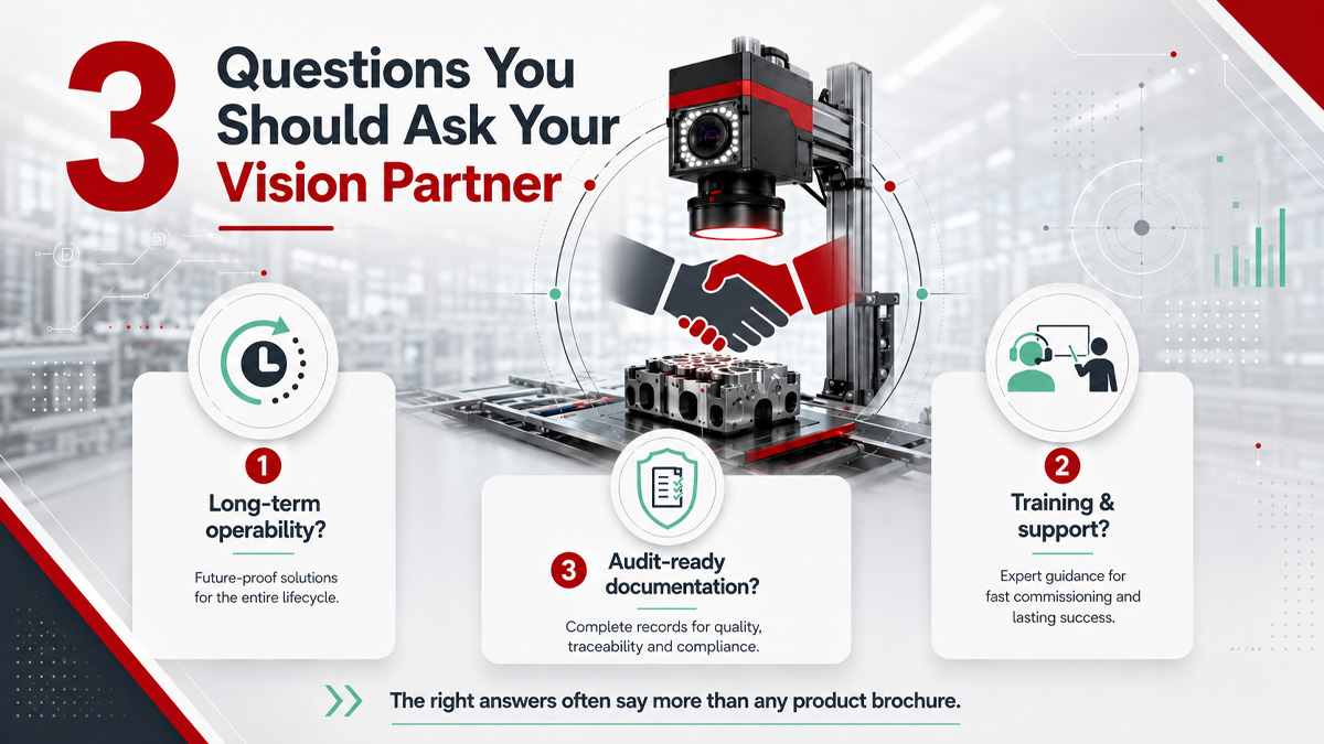 An infographic entitled ‘3 questions you should ask your vision partner’. The focal point is an industrial image processing system featuring a camera and a handshake symbol. Three sections highlight key questions regarding long-term operability, training and support, and audit-compliant documentation.
