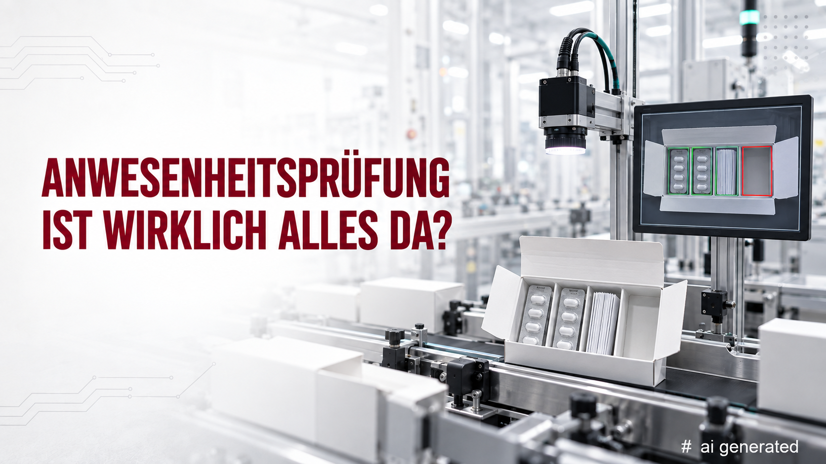 Helle industrielle Verpackungslinie mit geöffneter Faltschachtel, Blistern und Beipackzettel. Eine Bildverarbeitungskamera prüft den Inhalt. Auf einem Monitor markieren grüne Rahmen vorhandene Komponenten und ein roter Rahmen eine leere Position. Links steht: „Anwesenheitsprüfung – Ist wirklich alles da?“