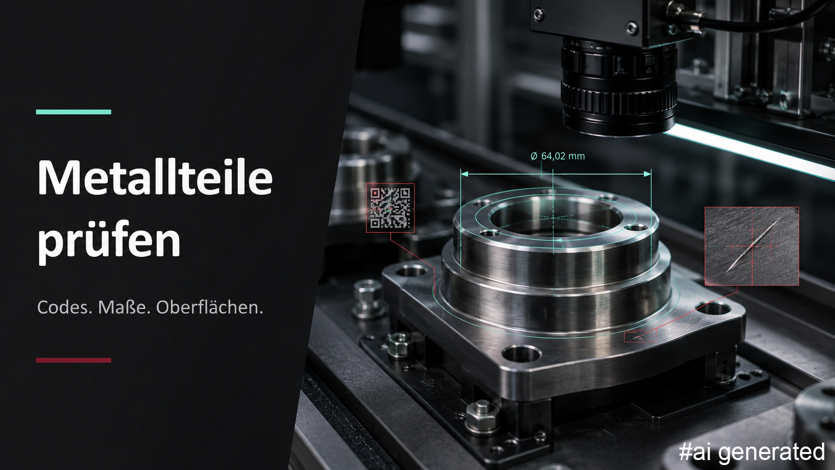 Industrielle Bildverarbeitung prüft ein metallisches Bauteil automatisiert auf Codes, Maßhaltigkeit und Oberflächenfehler.