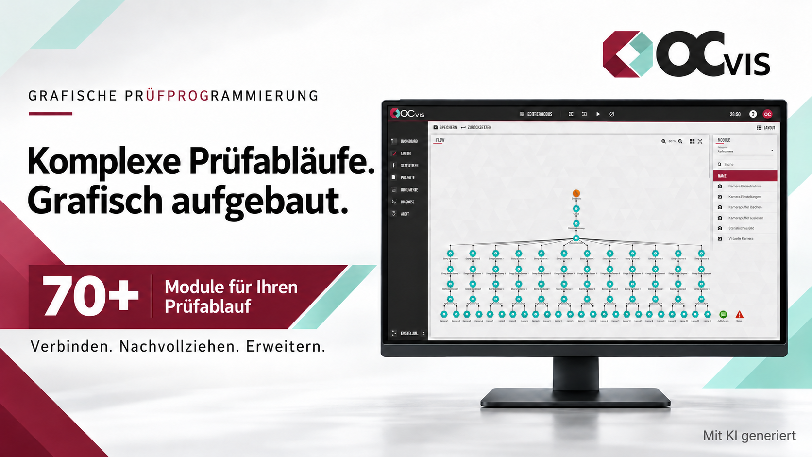 OCVis-Grafik zur grafischen Prüfprogrammierung: Ein Monitor zeigt einen verzweigten Prüfablauf mit verbundenen Modulen. Daneben steht „Komplexe Prüfabläufe. Grafisch aufgebaut.“ Ein Banner verweist auf mehr als 70 Module. Unten rechts ist das Bild als KI-generiert gekennzeichnet.