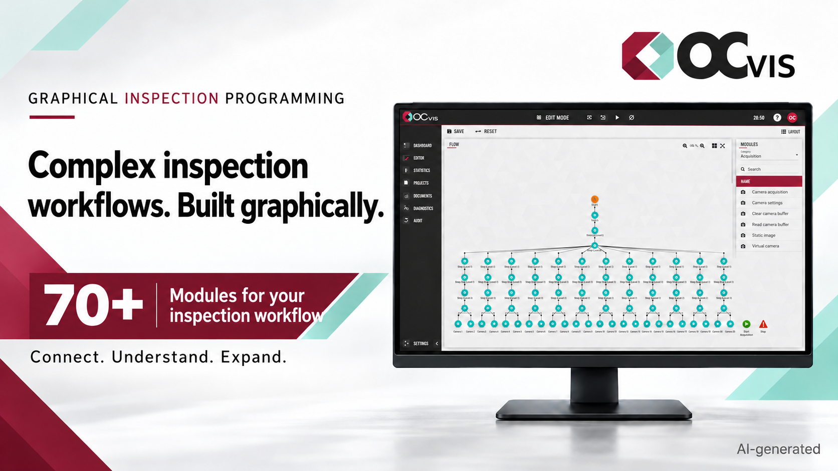 OCVis graphic illustrating graphical inspection programming. A monitor displays a branching inspection workflow with connected modules. The headline reads “Complex inspection workflows. Built graphically.” A banner highlights more than 70 modules. An “AI-generated” label appears in the lower right corner.