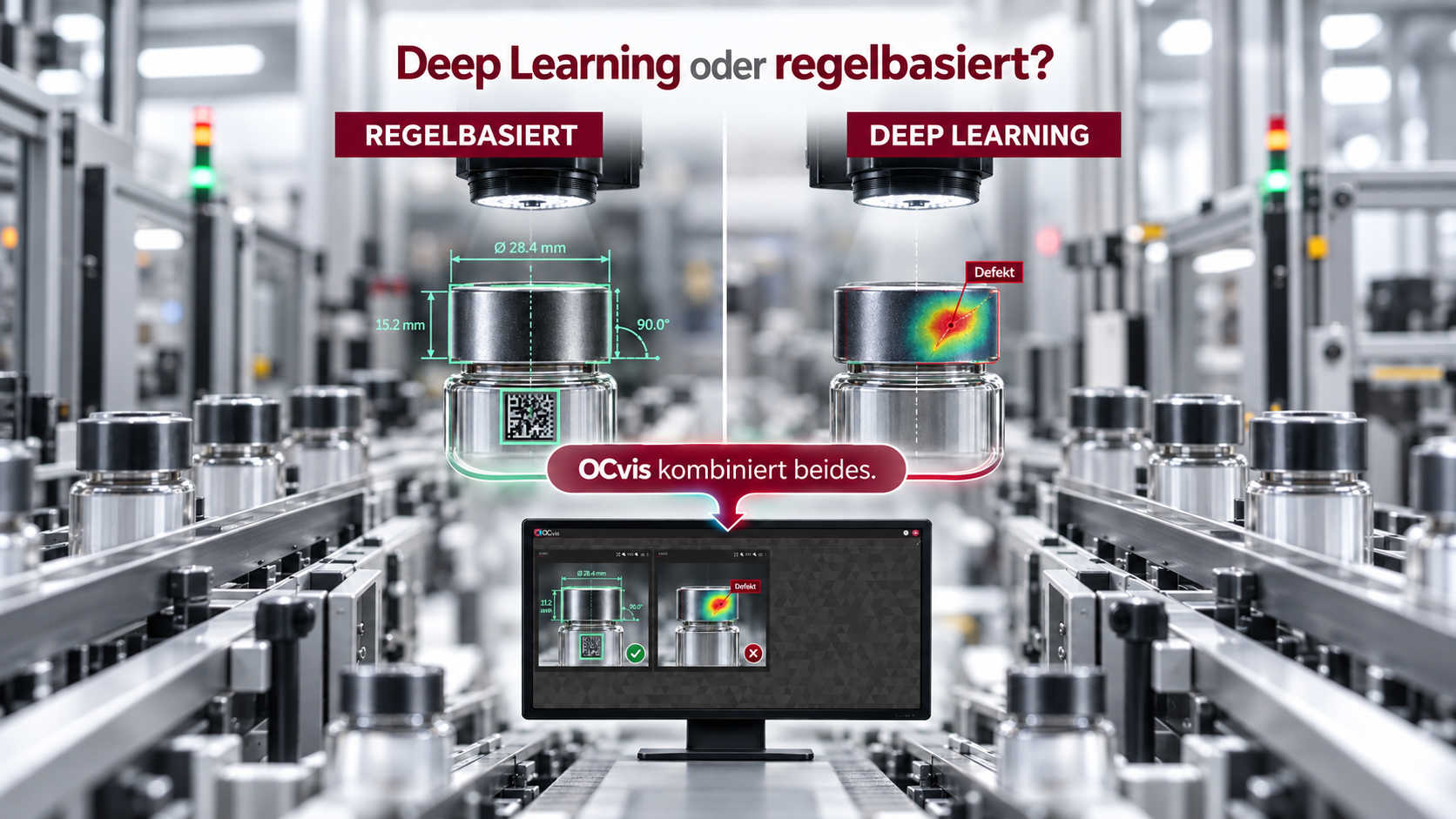 Industrielle Prüfstation mit zwei Kameras: Links kontrolliert regelbasierte Bildverarbeitung Maße, Winkel und Code eines Produkts, rechts erkennt Deep Learning einen Oberflächendefekt. Ein Monitor zeigt beide Prüfergebnisse und verdeutlicht, dass OCvis beide Verfahren kombiniert.