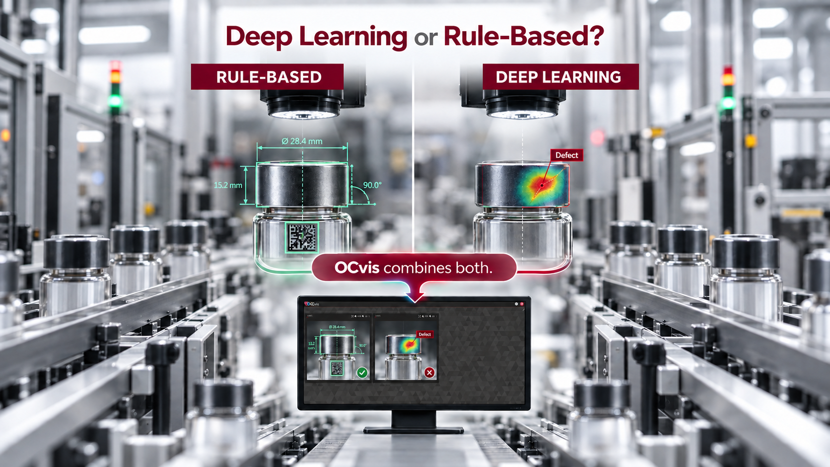 Industrial inspection station with two cameras: On the left, rule-based machine vision checks dimensions, angles and a code; on the right, deep learning detects a surface defect. A monitor displays both inspection results, illustrating how OCvis combines both methods.
