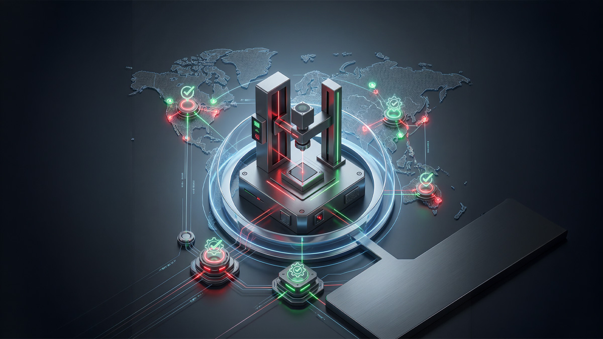 abstrakte Weltkarte mit einer optischen Prüfstation