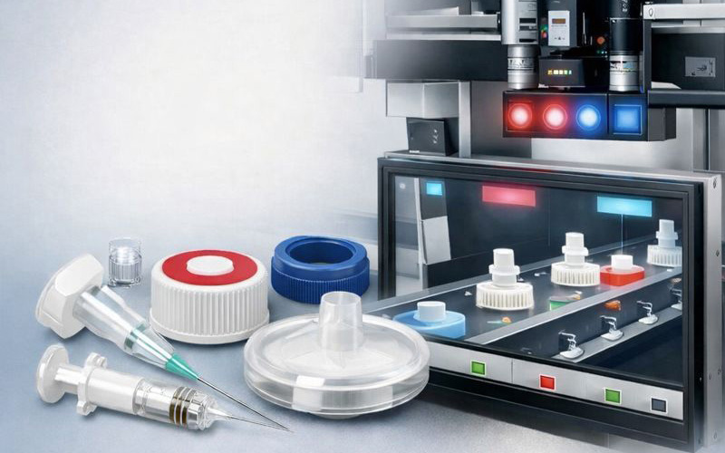 Verschiedene Medizintechnikprodukte wie Spritzen, Dichtungen und Verschlüsse