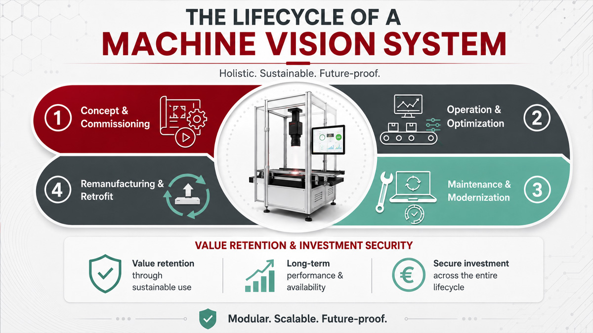 Infographic illustrating the life cycle of a machine vision system. Four phases are depicted as a continuous cycle: Concept & Commissioning, Operation & Optimisation, Maintenance & Modernisation, and Remanufacturing & Retrofit. The focus is on an industrial machine vision system. The infographic also highlights value retention, long-term performance, availability and investment security.