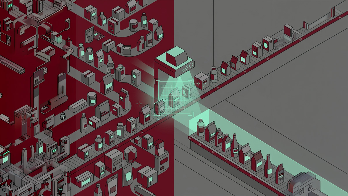 abstrakte Fertigungslinie mit Produkten mit unterschiedlichen Formaten