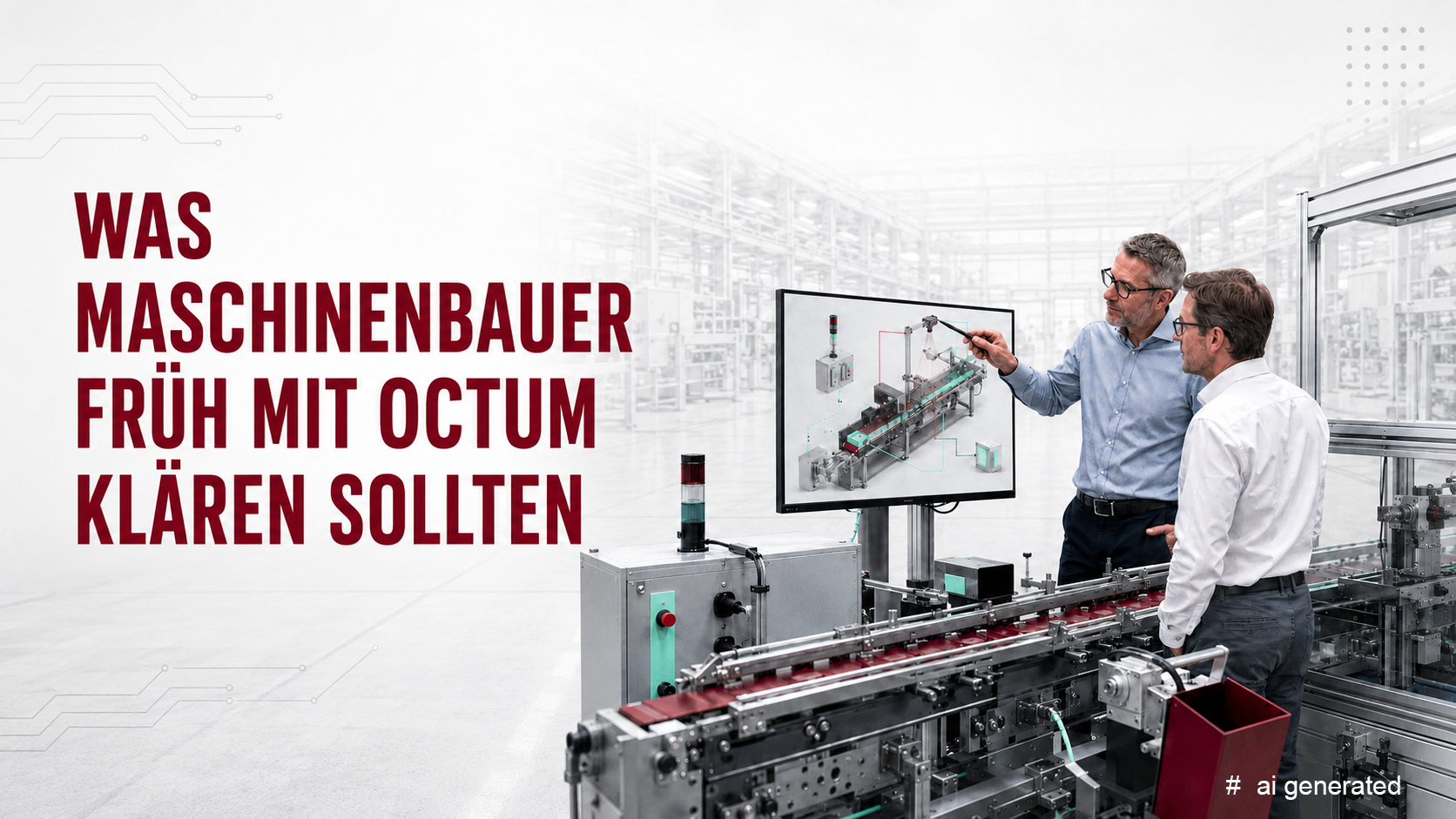 Zwei Maschinenbauexperten besprechen an einer Produktionsanlage die frühzeitige Integration einer Bildverarbeitungslösung. Auf einem Monitor ist das Maschinenkonzept dargestellt. Überschrift: „Was Maschinenbauer früh mit OCTUM klären sollten“.