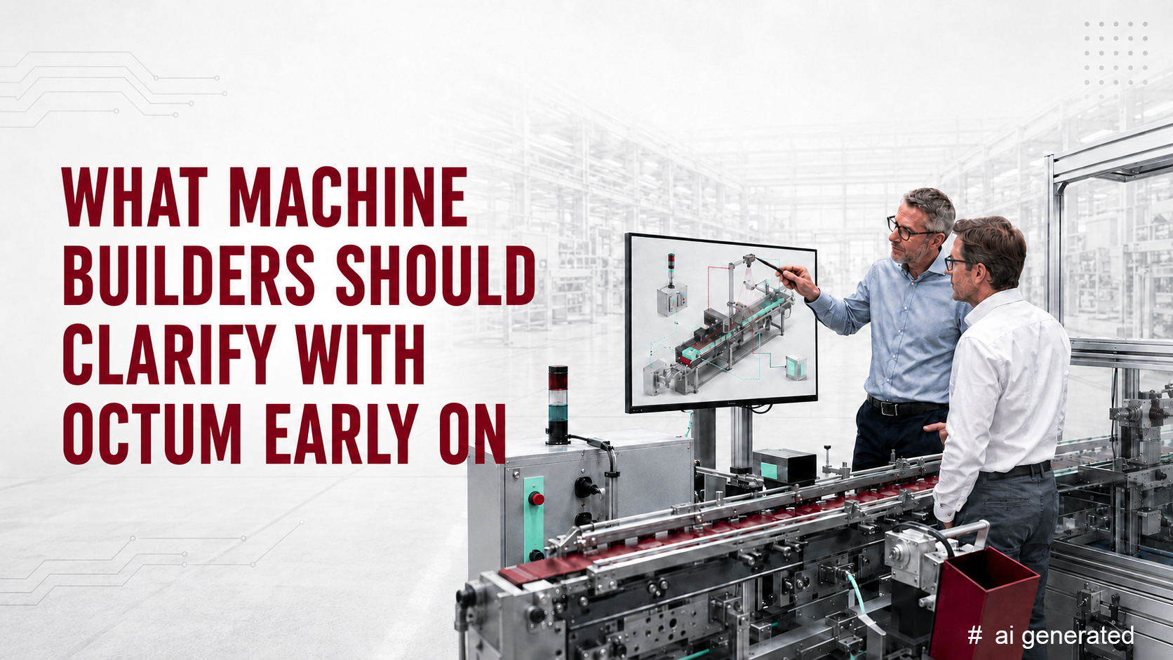 Two machine engineering experts discuss the early integration of a machine vision solution beside an automated production line. A monitor displays the machine concept. Headline: “What machine builders should clarify with OCTUM early on.”